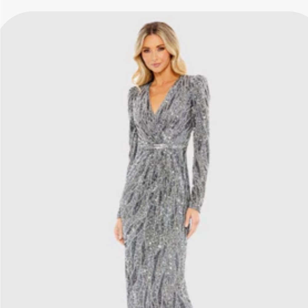Mac Duggal Embellished Faux Wrap Sequined Midi Dress